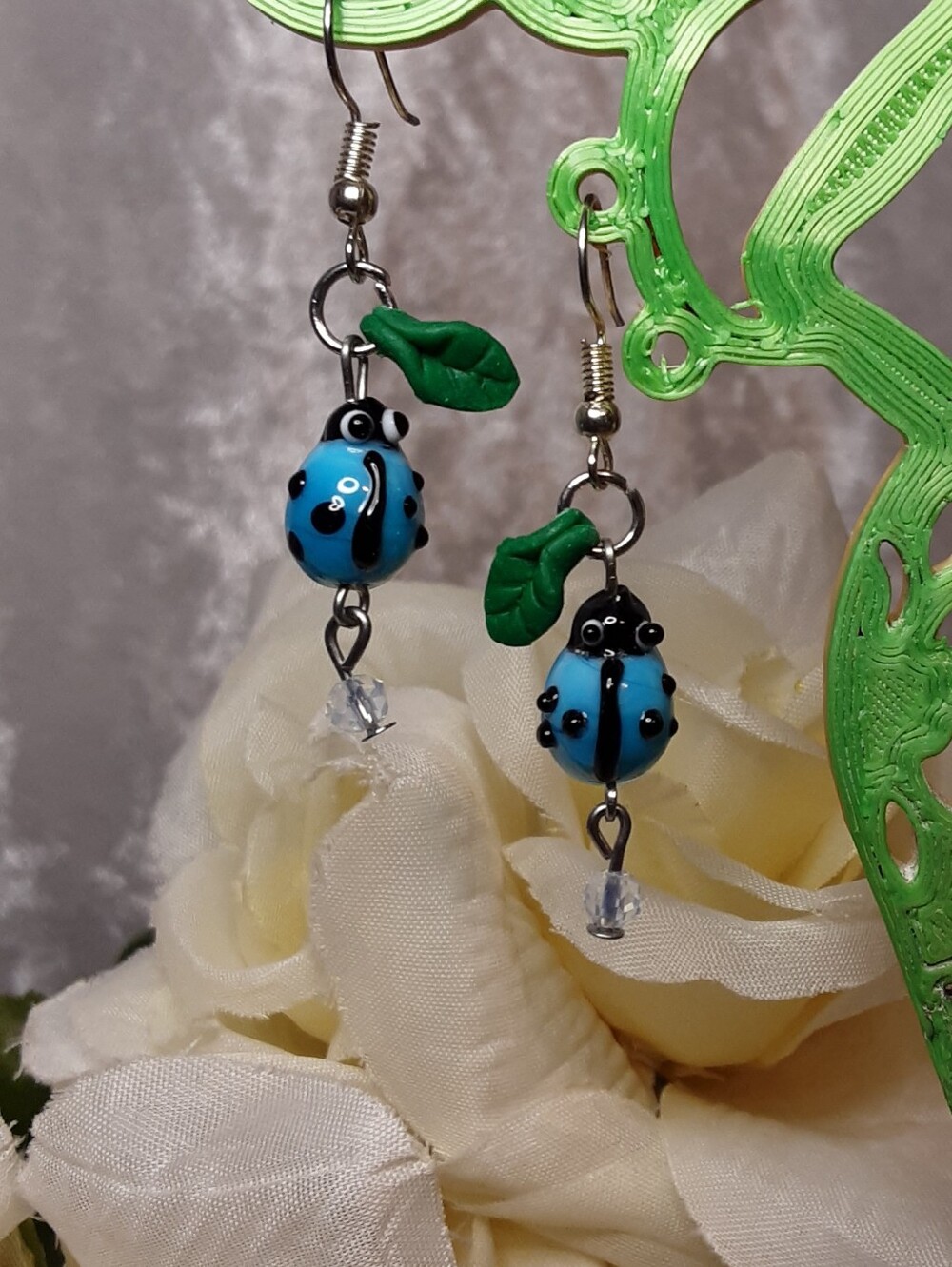 Hand Crafted Blue and Green Ladybug Dangle Earrings